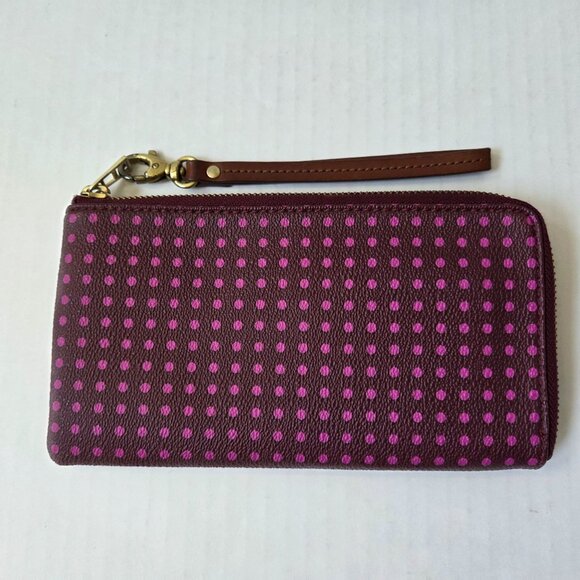 Fossil Wallet Wristlet Pink Polka Dot Zip Around PVC Leather Boho Preppy Travel - Picture 2 of 8